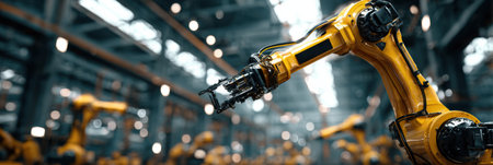 A yellow robotic arm is actively performing tasks on an assembly line in a spacious manufacturing plant filled with machinery and bright overhead lights.の素材