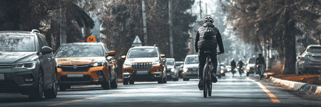 A cyclist rides along a bustling city street filled with cars under a gray sky. The scene captures the challenges of urban commuting.の素材