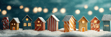 A collection of vibrant miniature homes displays holiday decorations under soft glowing lights against a snowy backdrop, creating a joyful atmosphere.の素材