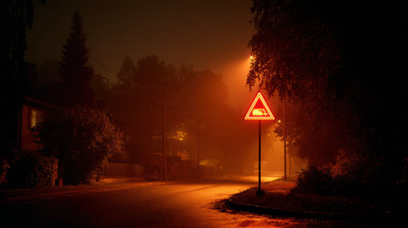 A dimly lit street at night features a glowing warning sign near a roadside. Mist shrouds the area, enhancing the tranquil yet eerie setting.の素材