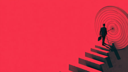 A businessman walks up stairs toward a large target, representing ambition and success, with a striking red background that captures attention.の素材