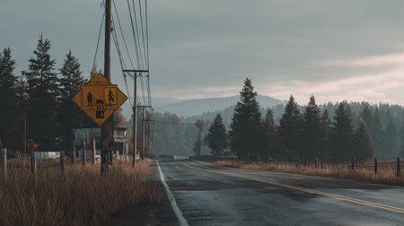 A tranquil rural road stretches ahead, framed by tall trees and autumn foliage.の素材