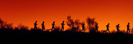 Runners in silhouette are seen moving swiftly along a desert path as the sun sets, creating a stunning backdrop of rich colors and shadows.の素材