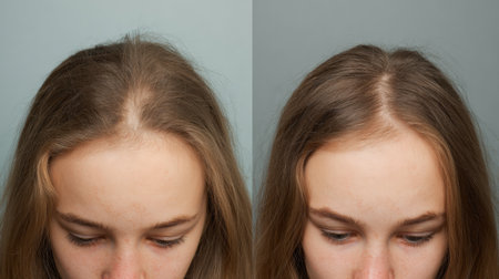 A woman views her hair from above, showing noticeable volume increase after treatment in a neutral-toned setting, highlighting the change.の素材