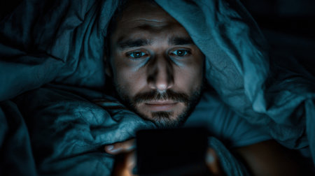 A man sits in bed, wrapped in a blanket, intently looking at his smartphone screen during late hours, creating an atmosphere of focus and nighttime solitude.の素材