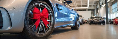 A luxury car is displayed prominently in a sleek showroom, featuring a large red bow on its wheel, symbolizing a celebratory purchase, bright and inviting.の素材