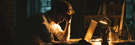 Late night scene captures a person appearing overwhelmed while sitting at a desk, illuminated by warm lamp light and focused on a laptop.の素材