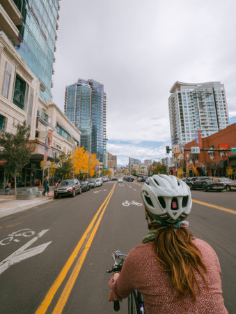 A person rides a bicycle on a busy city street surrounded by tall buildings and vibrant autumn foliage, capturing the essence of urban life in fall.の素材