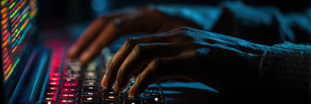 Hands type on a laptop in a dimly lit setting, vibrant backlights hinting at late-night work or coding.の素材