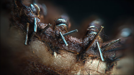 This close-up captures metal pins inserted in a textured brown surface, revealing fine details and textures, highlighting craftsmanship in the materials used.の素材