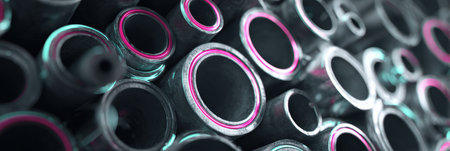 Close-up view of various metallic pipes with colorful highlights, displaying intricate connections and reflecting modern industrial aestheticsの素材