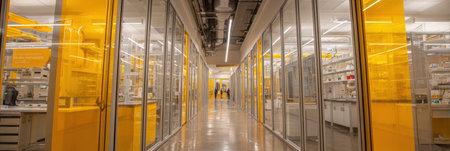 A spacious corridor in a research lab features glass walls, colorful yellow panels, and several workstations. Scientists work within their designated areas.の素材