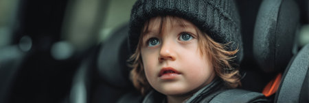 A young child with curly hair and bright blue eyes sits in a car seat, wearing a black knit hat, looking thoughtfully outside during a quiet momentの素材