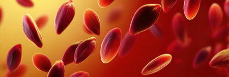 Bright seeds are suspended in mid-air against a warm gradient background, creating a visually striking contrast of colors and shapes.の素材