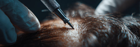 A skilled technician applies pigment to a clients scalp to create the look of hair follicles in a studio setting.の素材