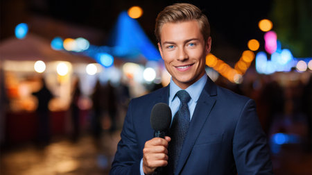 A news reporter in a smart suit holds a microphone, smiling brightly at a lively night market filled with colorful lights and busy guests.の素材