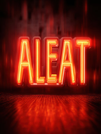 Neon letters form the word Aleat, illuminating a dark environment with a warm glow reflecting off a polished surface.の素材