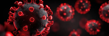 Realistic depiction of a virus with pronounced red spikes, highlighting its structure in a dark setting, showing scientific illustration techniques.の素材