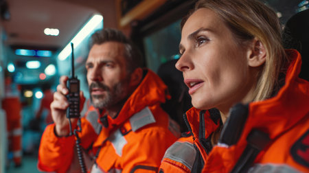 Two emergency responders are engaged in crucial communication inside an ambulance, focused on their mission during a nighttime operation.の素材