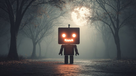 A whimsical robot with a glowing face stands eerily still beneath a full moon, surrounded by trees in a dark forest at night, creating a mysterious atmosphere.の素材