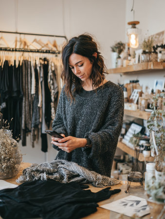 A woman in a dark sweater looks at her smartphone, surrounded by clothing and decor items in a friendly boutique. Natural light fills the shop.の素材