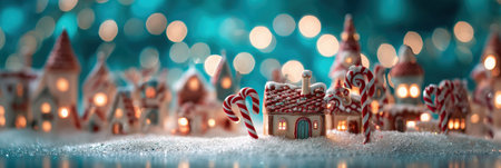 A festive miniature winter village showcases glowing houses adorned with candy canes, creating a cozy and magical holiday atmosphere.の素材