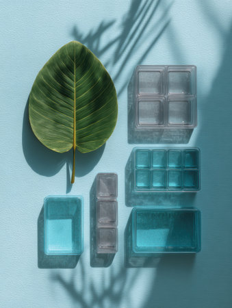 A green leaf is placed alongside various transparent containers in different shapes on a blue surface, creating an artistic composition with shadows.の素材