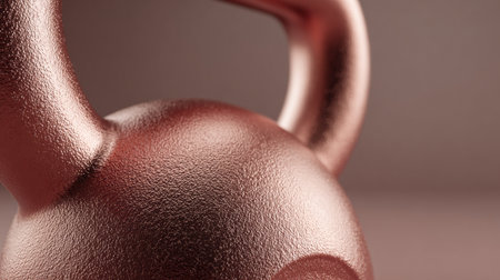 Close-up view of a heavy kettlebell displaying its unique texture and finish, captured during an indoor fitness workout with soft light in the background.の素材