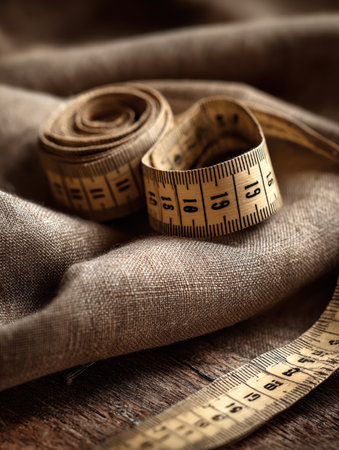 A measuring tape and soft fabric lay on a wooden surface, representing the tools of a skilled artisan at work, highlighting attention to detail.の素材