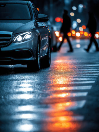 A busy urban street scene captures silhouettes of pedestrians crossing while cars navigate through the night. Vibrant lights reflect on the wet road.の素材