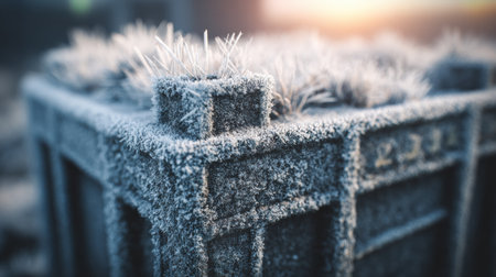 A frost-covered structure is adorned with grass, illuminated by soft morning light, highlighting intricate details on a cold, serene morning.の素材
