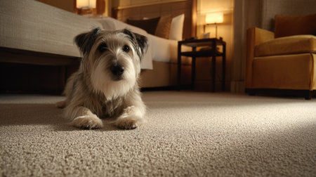 A small, fluffy dog lays on the soft carpet of a chic hotel room, surrounded by warm lighting and a comfortable ambiance during the evening.の素材