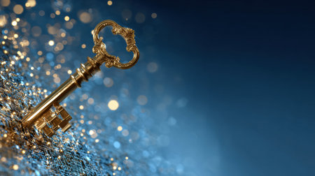 A golden vintage key is placed on a textured surface with shiny sparkling lights in the background, creating a warm and enchanting mood.の素材