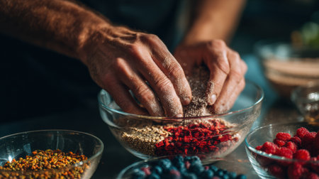 Two hands mix a blend of seeds, freeze-dried fruits, and nuts in a clear bowl, showcasing a vibrant and healthy cooking activity in a warm kitchen.の素材