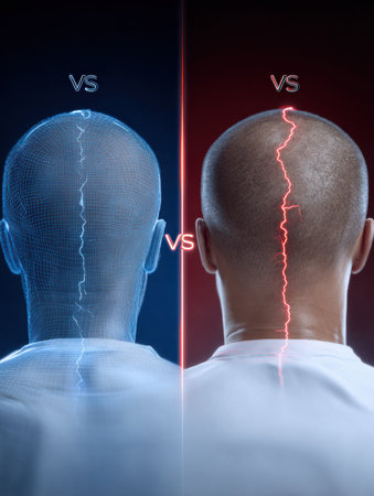 Two human figures are shown from the back, one with a digital wireframe outline and the other solid with glowing energy, highlighting the contrast in forms.の素材