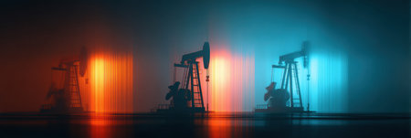 Three oil pumps are illuminated by vibrant blue and orange lights, blending industrial machinery with the evening sky at a remote site.の素材