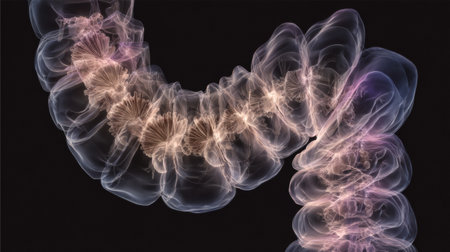 The intricate structure of human intestines, revealing delicate folds and textures with vivid colors and high clarity, enhancing understanding of anatomy.の素材