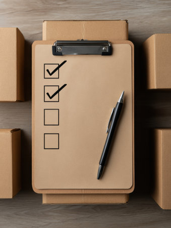 A clipboard with a checklist and a pen rests on a wooden surface surrounded by brown cardboard boxes, indicating an organized packing or shipping area.の素材