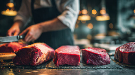 A talented chef slices premium beef cuts in a vibrant kitchen while warm lights illuminate the scene, creating a lively atmosphere for diners.の素材
