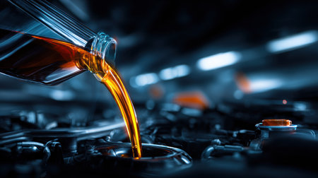 A bottle of engine oil is being carefully poured into the engine of a car as part of routine maintenance. The scene highlights the importance of lubrication.の素材