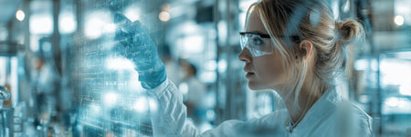 A scientist focused on data analysis in a modern laboratory, surrounded by advanced technology and bright lighting, showing dedication to research.の素材