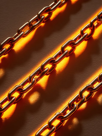 Chains illuminated by warm light create intricate shadows on a smooth surface, showing textures and contrasts in an artistic manner.の素材