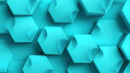 Hexagonal shapes fill the frame with a vibrant turquoise color, featuring smooth edges and angles that create a striking visual effect in a digital setting.の素材
