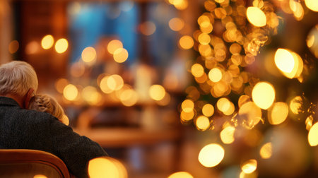 An older person hugs a child under twinkling holiday lights, embodying warmth and togetherness of the winter festivities.の素材