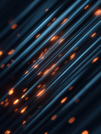 Bright orange sparks illuminate dark, flowing streams, creating a captivating abstract scene full of energy and motion.の素材