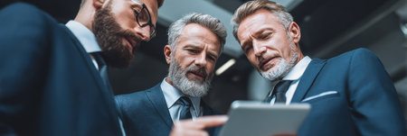 Three business professionals in suits collaborate closely, examining information on a tablet in a contemporary office environment during work hours.の素材