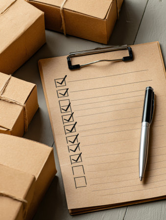 A neat arrangement of cardboard boxes surrounds a clipboard with a checklist and pen, showing careful organization for package delivery tasks.の素材