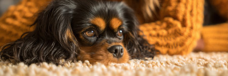 A friendly dog lies comfortably on a fluffy carpet, gazing calmly while a person in cozy knitwear sits nearby on a relaxed day indoors.の素材