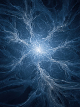 Bright threads of light radiate from a central point, forming a complex network against a dark background, evoking a sense of mystery and wonder.の素材