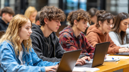 Students are focused on their laptops in a modern classroom setting, participating in a collaborative learning experience.の素材